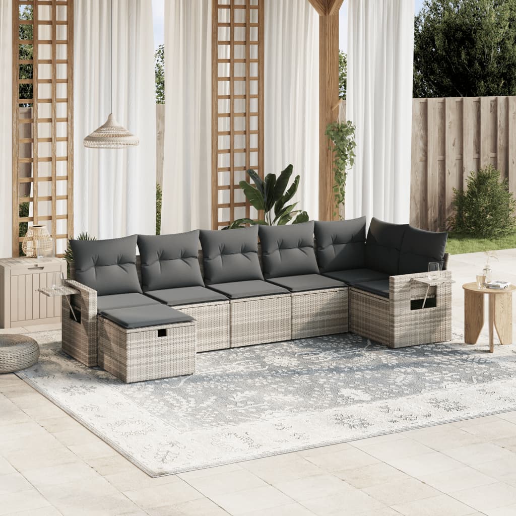 vidaXL 7-tlg. Garten-Sofagarnitur mit Kissen Hellgrau Poly Rattan