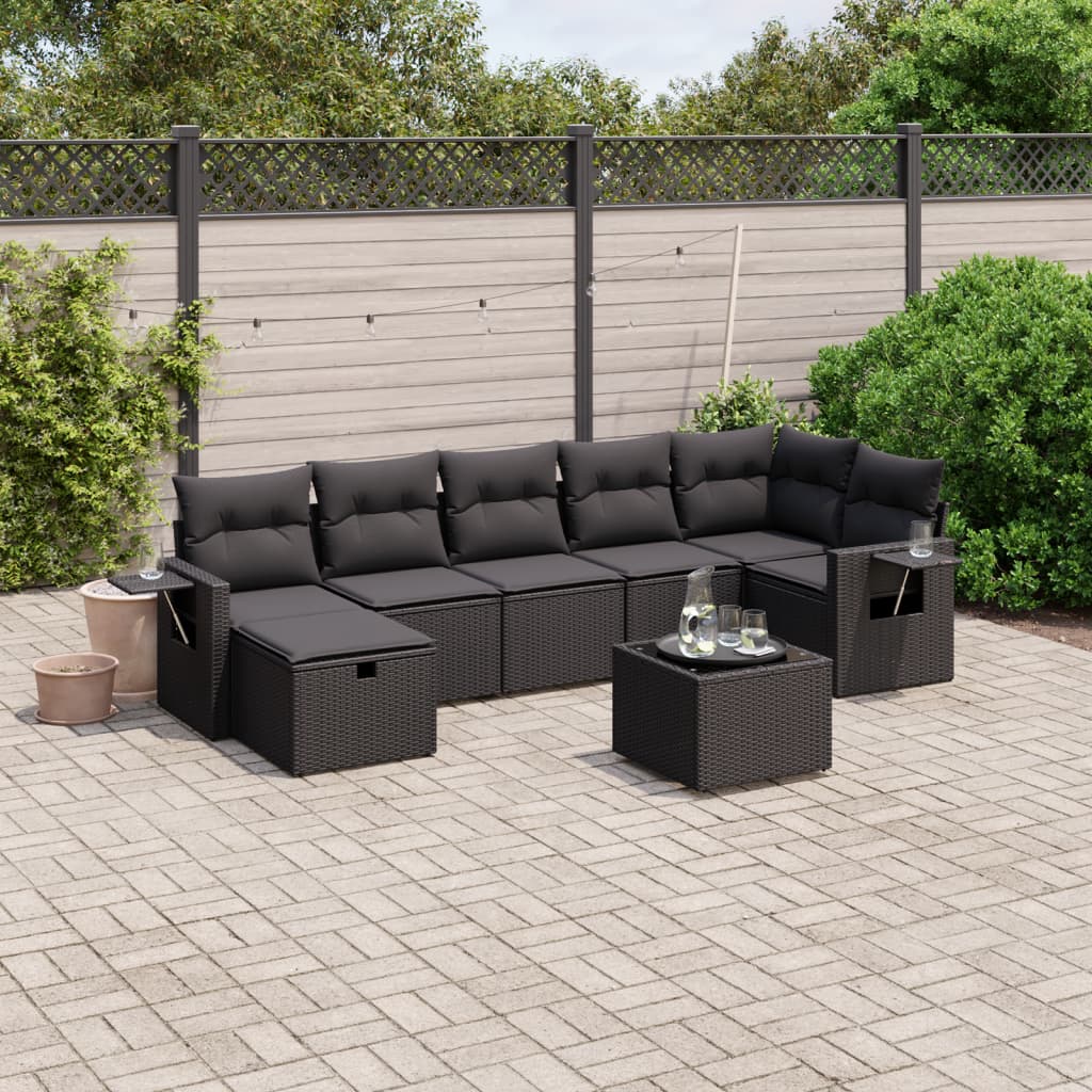 8-tlg. Garten-Sofagarnitur mit Kissen Schwarz Poly Rattan