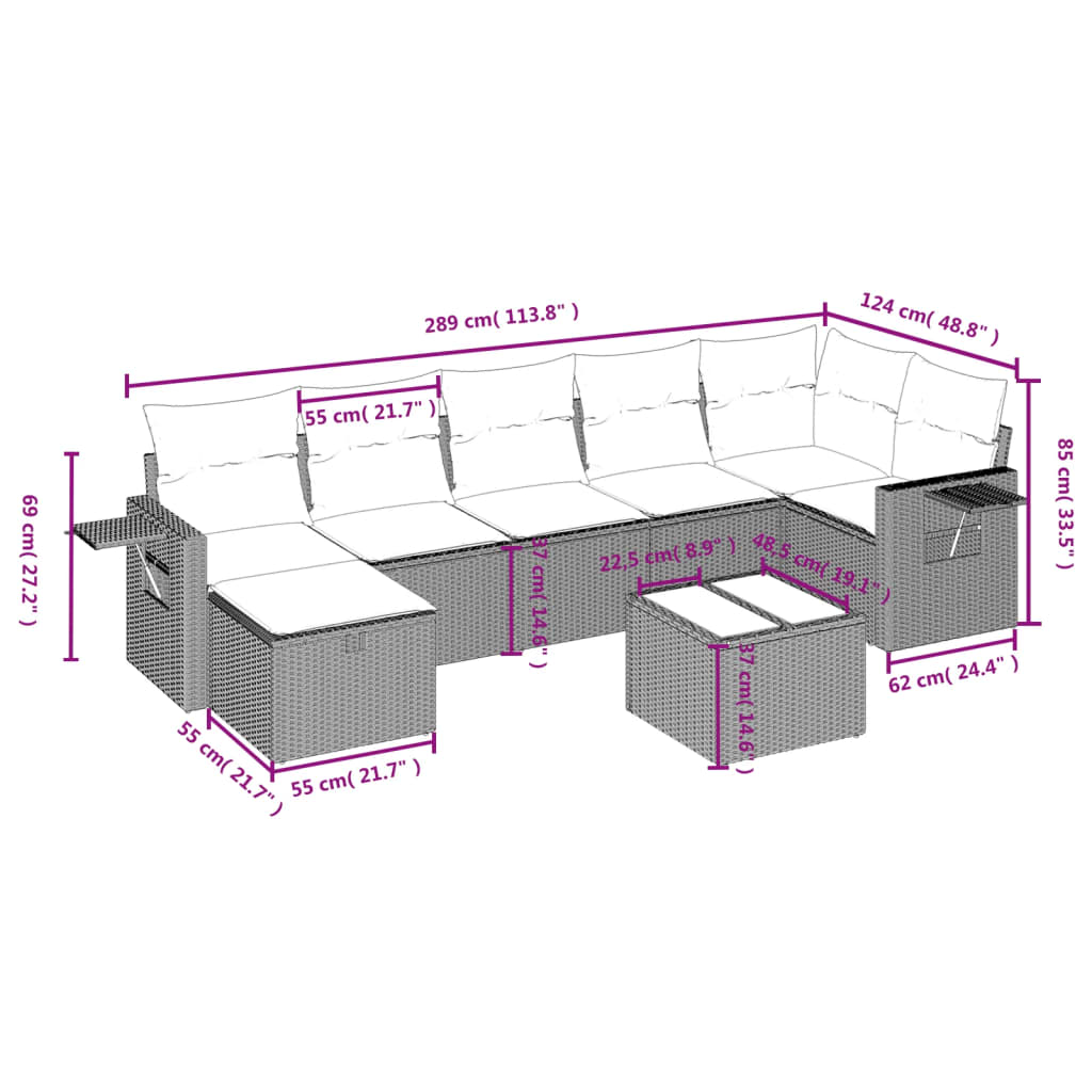 Set mobilier de grădină cu perne, 8 piese, negru, poliratan 3263822 - imagine 4