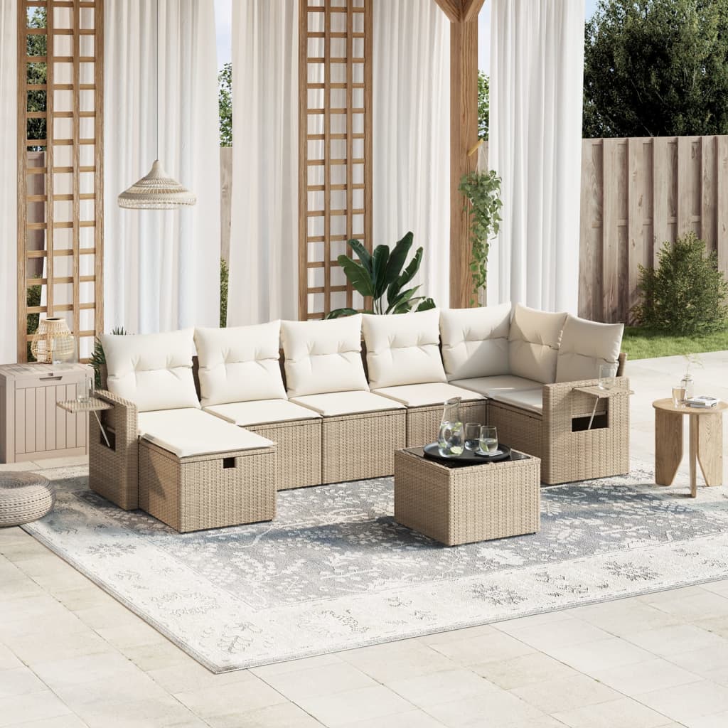 8-tlg. Garten-Sofagarnitur mit Kissen Beige Poly Rattan