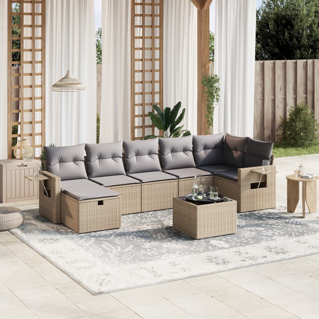 vidaXL 8-tlg. Garten-Sofagarnitur mit Kissen Beige Poly Rattan