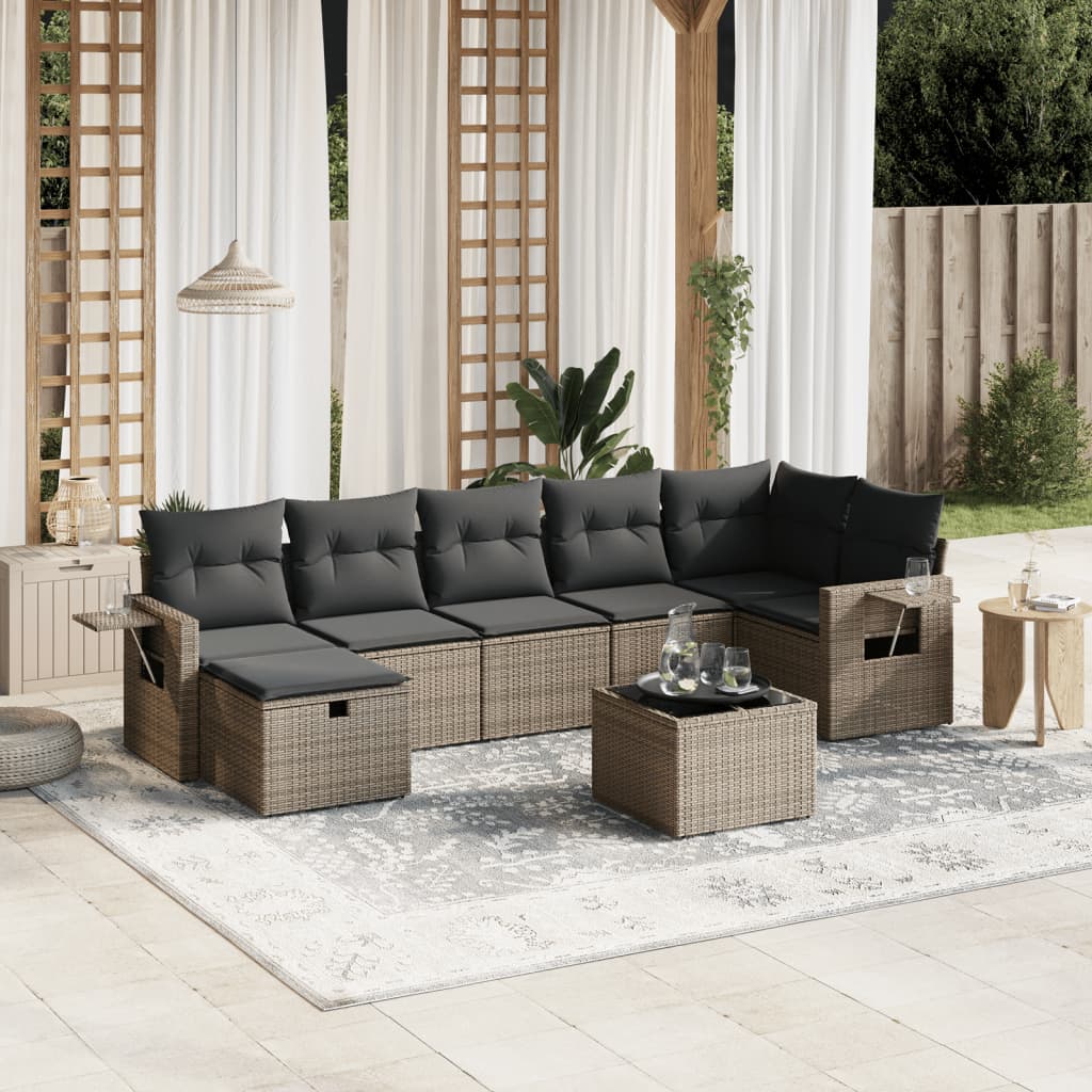 8-tlg. Garten-Sofagarnitur mit Kissen Grau Poly Rattan