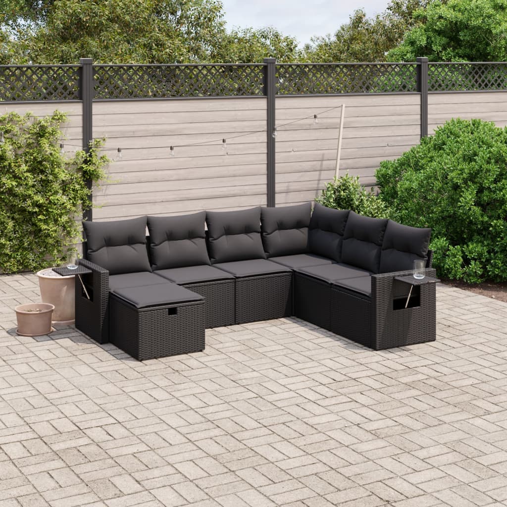 vidaXL 7-tlg. Garten-Sofagarnitur mit Kissen Schwarz Poly Rattan