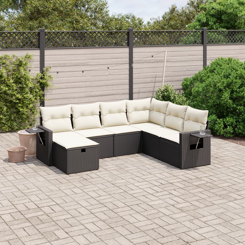 vidaXL 7-tlg. Garten-Sofagarnitur mit Kissen Schwarz Poly Rattan