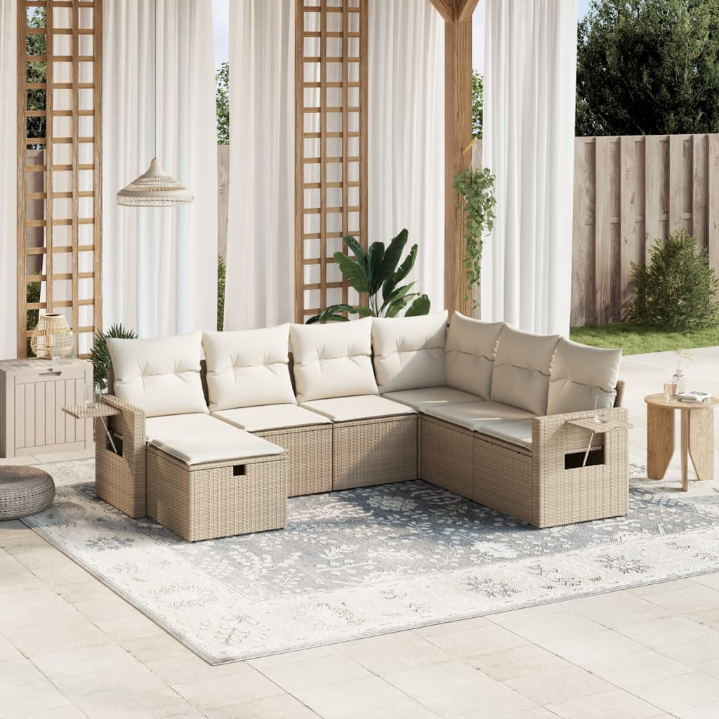 vidaXL 7-tlg. Garten-Sofagarnitur mit Kissen Beige Poly Rattan