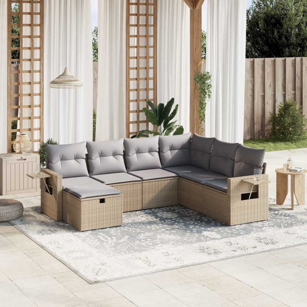 vidaXL 7-tlg. Garten-Sofagarnitur mit Kissen Beige Poly Rattan