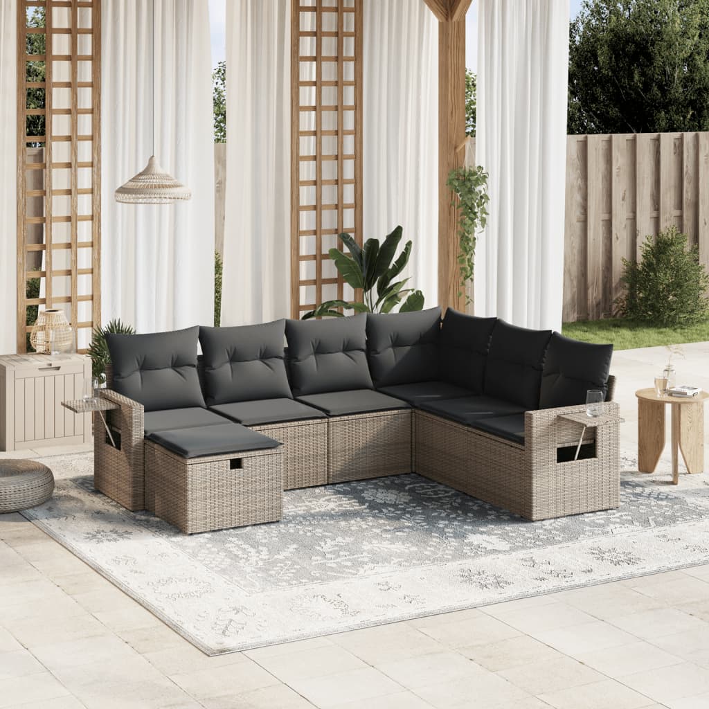 vidaXL 7-tlg. Garten-Sofagarnitur mit Kissen Grau Poly Rattan