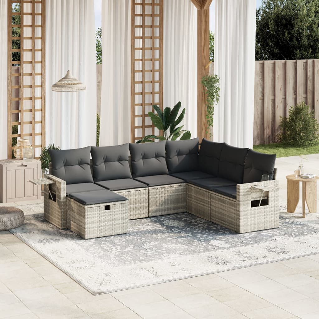 vidaXL 7-tlg. Garten-Sofagarnitur mit Kissen Hellgrau Poly Rattan