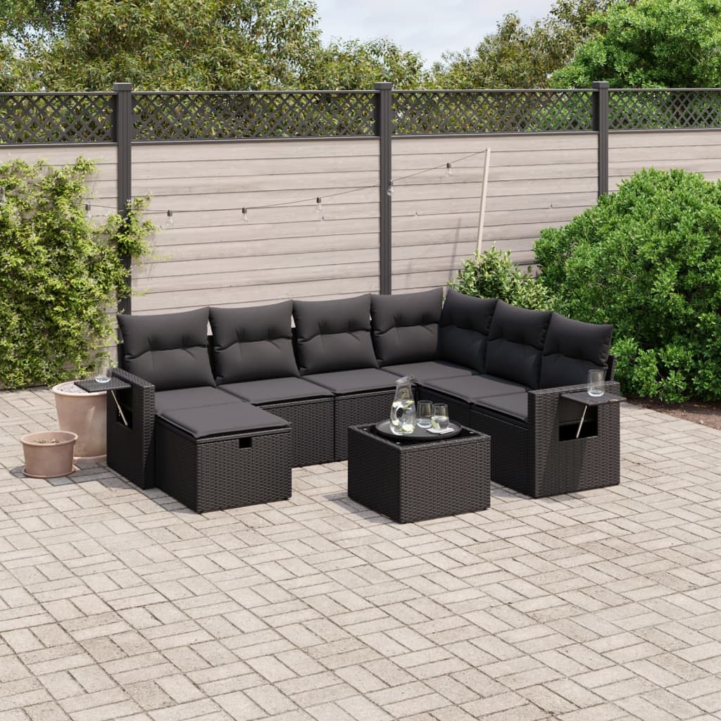 vidaXL 8-tlg. Garten-Sofagarnitur mit Kissen Schwarz Poly Rattan