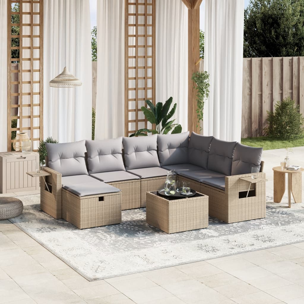 vidaXL 8-tlg. Garten-Sofagarnitur mit Kissen Beige Poly Rattan