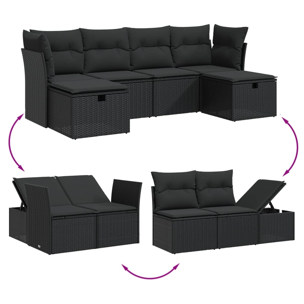 vidaXL 6-delige Loungeset met kussens poly rattan zwart afbeelding
