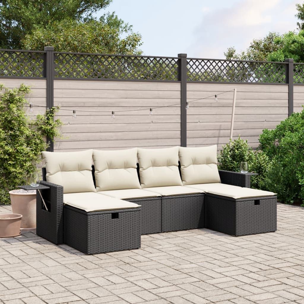 vidaXL 6-tlg. Garten-Sofagarnitur mit Kissen Schwarz Poly Rattan