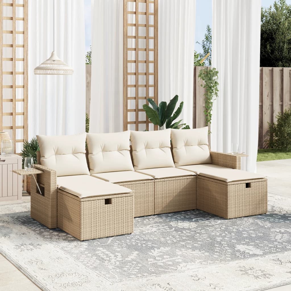 vidaXL 6-tlg. Garten-Sofagarnitur mit Kissen Beige Poly Rattan