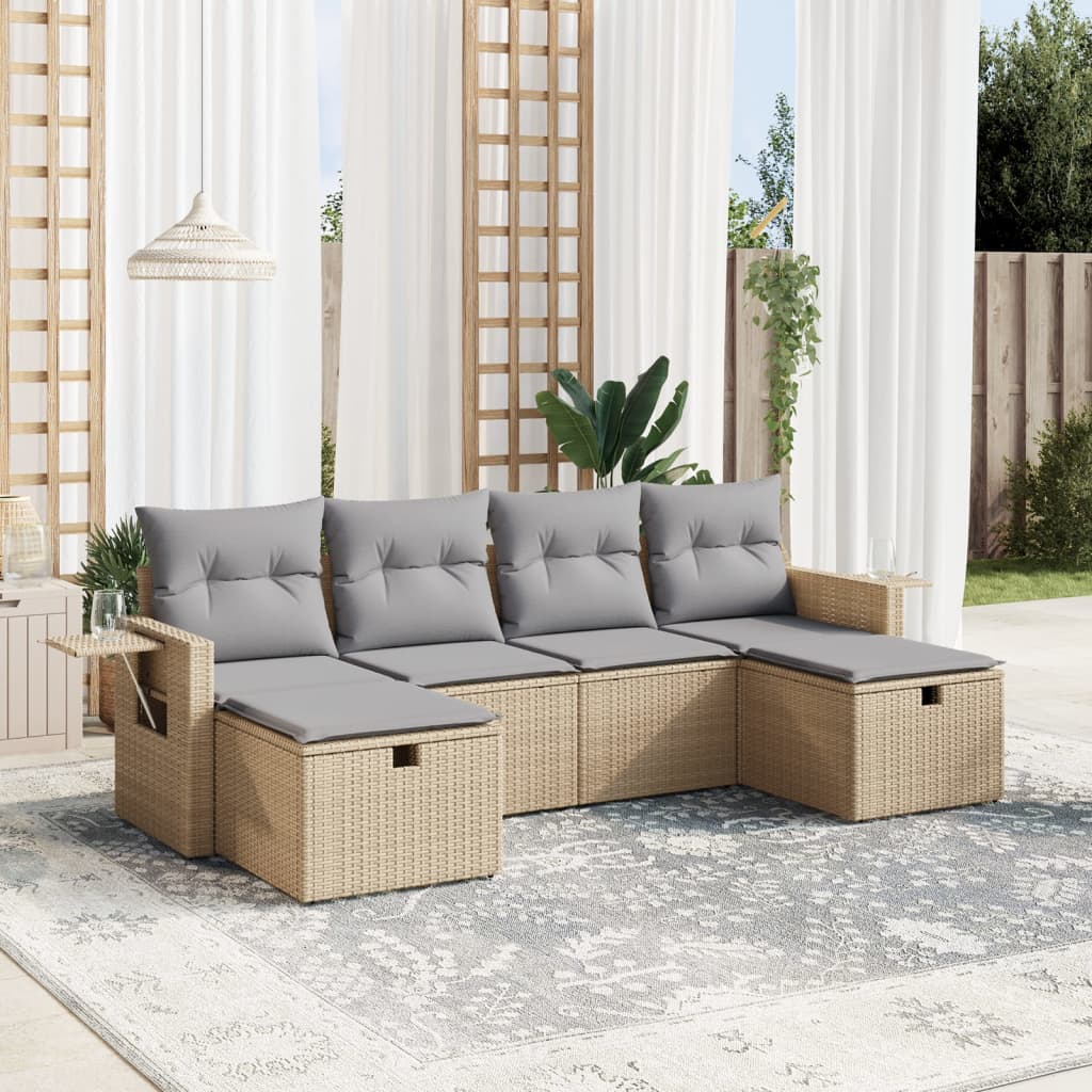 vidaXL 6-tlg. Garten-Sofagarnitur mit Kissen Beige Poly Rattan