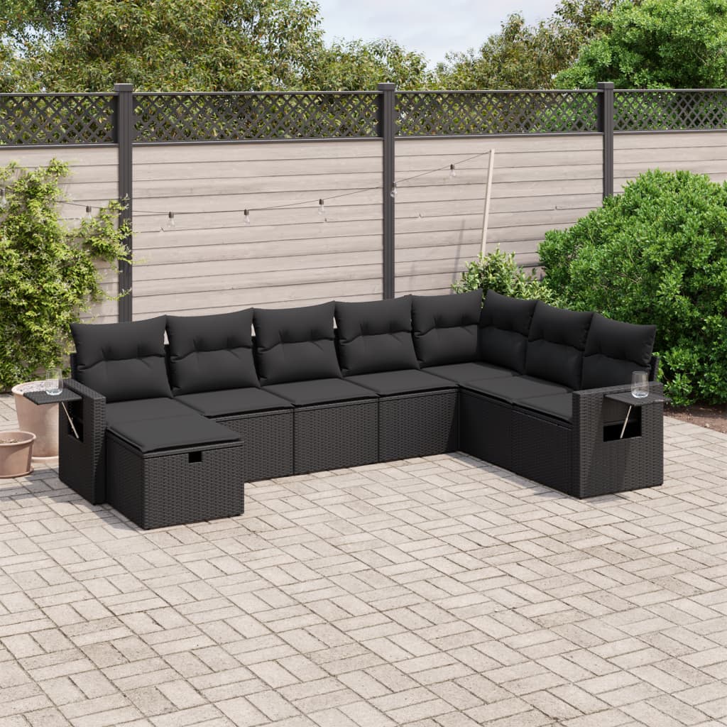 vidaXL 8-tlg. Garten-Sofagarnitur mit Kissen Schwarz Poly Rattan