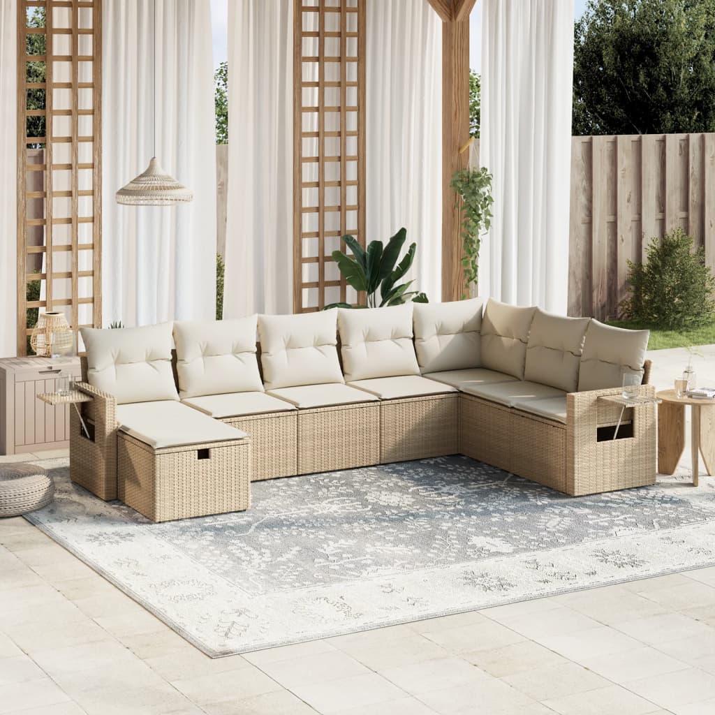 8-tlg. Garten-Sofagarnitur mit Kissen Beige Poly Rattan