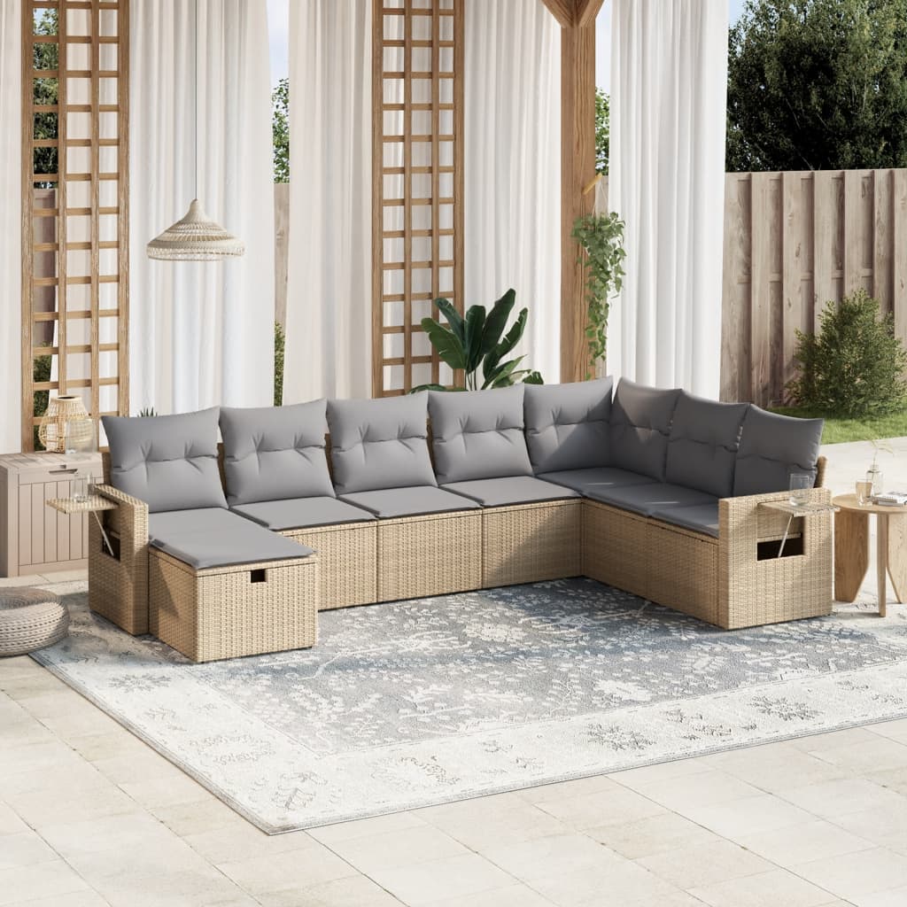 vidaXL 8-tlg. Garten-Sofagarnitur mit Kissen Beige Poly Rattan