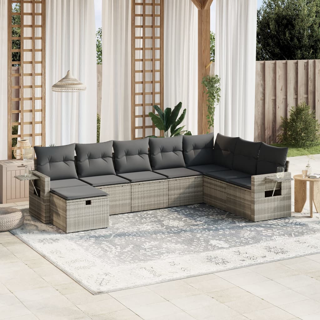 vidaXL 8-tlg. Garten-Sofagarnitur mit Kissen Hellgrau Poly Rattan