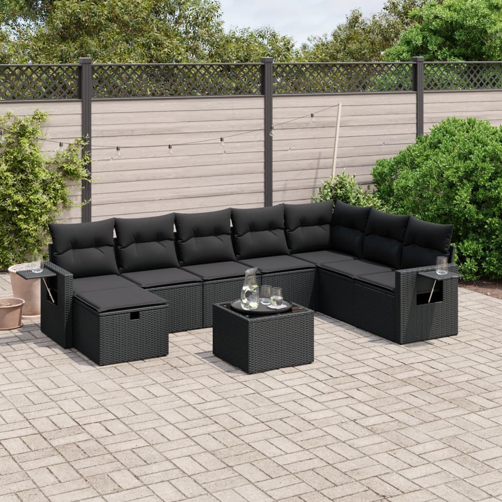 vidaXL 9-tlg. Garten-Sofagarnitur mit Kissen Schwarz Poly Rattan