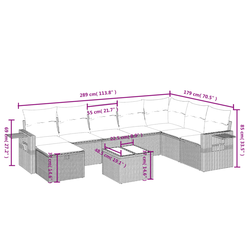 Set mobilier de grădină cu perne, 9 piese, negru, poliratan 3263902 - imagine 4