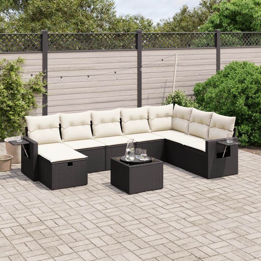 vidaXL 9-tlg. Garten-Sofagarnitur mit Kissen Schwarz Poly Rattan