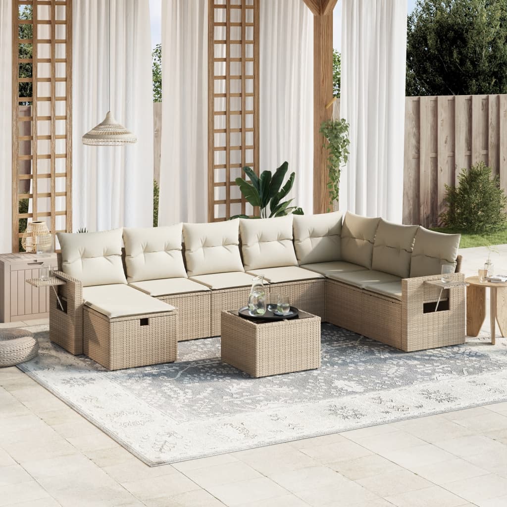 vidaXL 9-tlg. Garten-Sofagarnitur mit Kissen Beige Poly Rattan