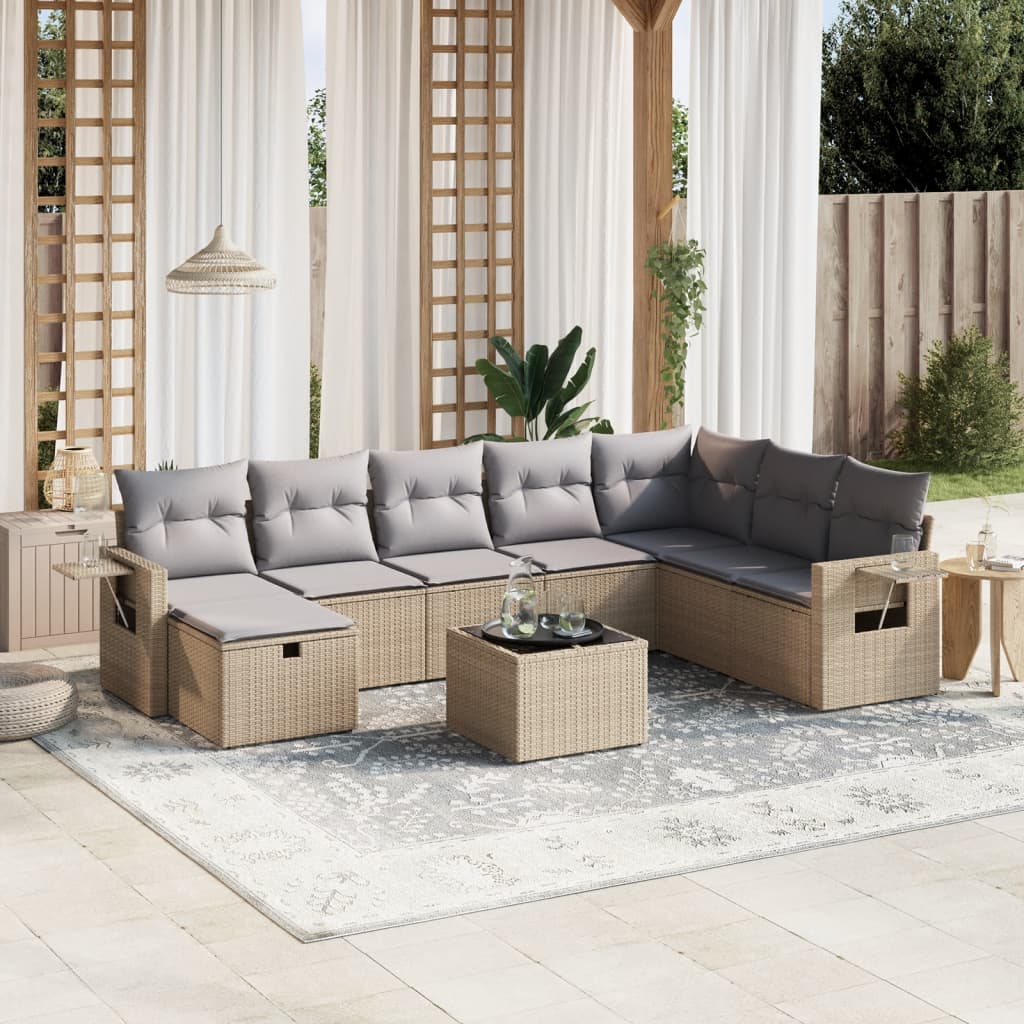 vidaXL 9-tlg. Garten-Sofagarnitur mit Kissen Beige Poly Rattan