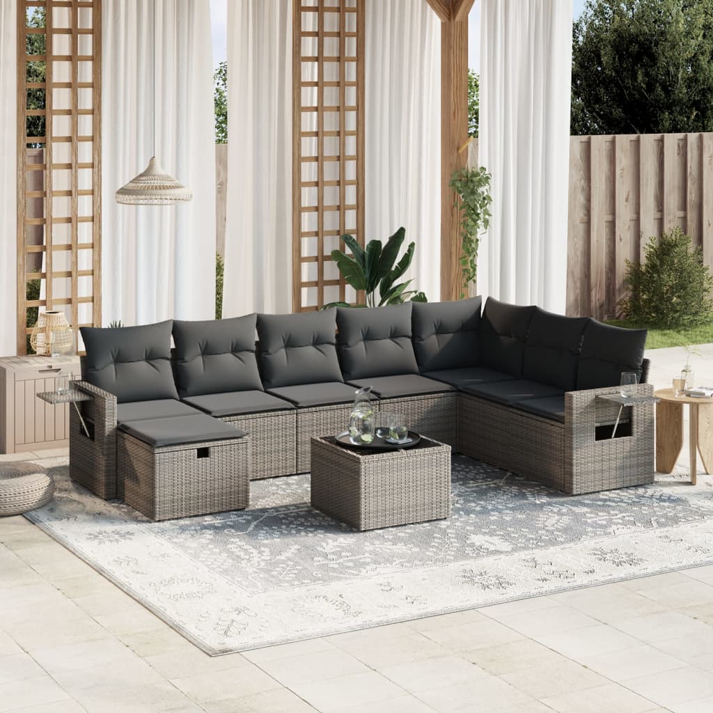 vidaXL 9-tlg. Garten-Sofagarnitur mit Kissen Grau Poly Rattan