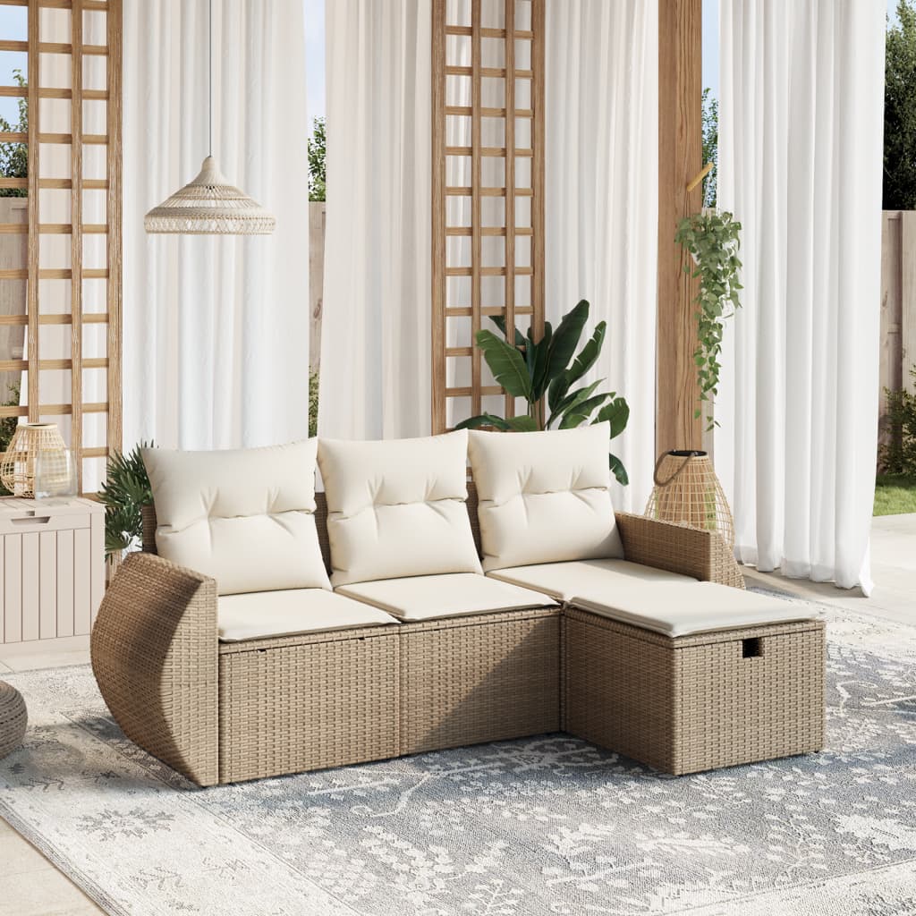 vidaXL 4-tlg. Garten-Sofagarnitur mit Kissen Beige Poly Rattan