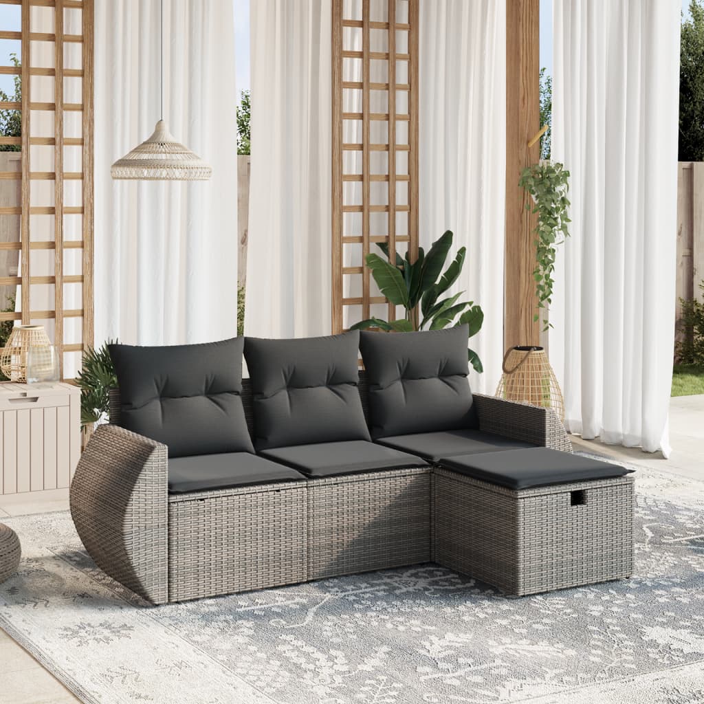 vidaXL 4-tlg. Garten-Sofagarnitur mit Kissen Grau Poly Rattan