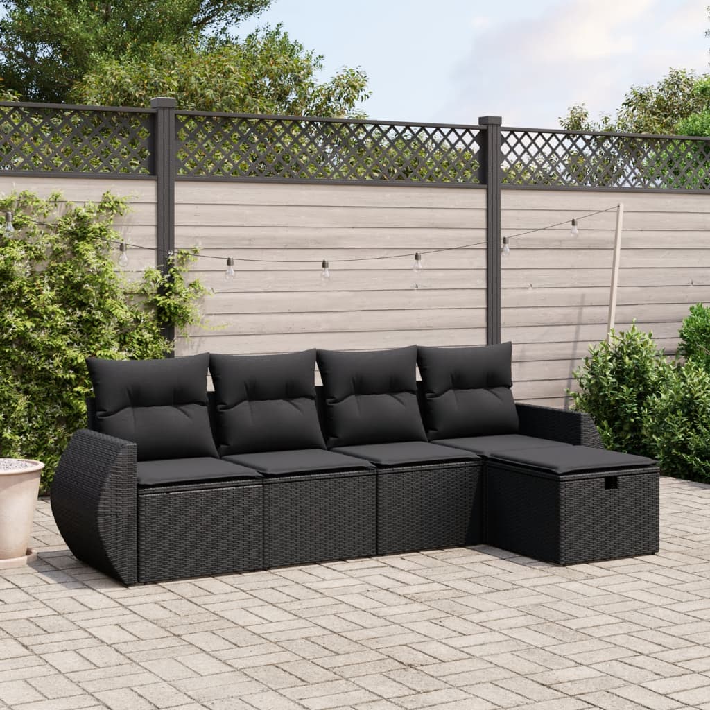 vidaXL 5-tlg. Garten-Sofagarnitur mit Kissen Schwarz Poly Rattan