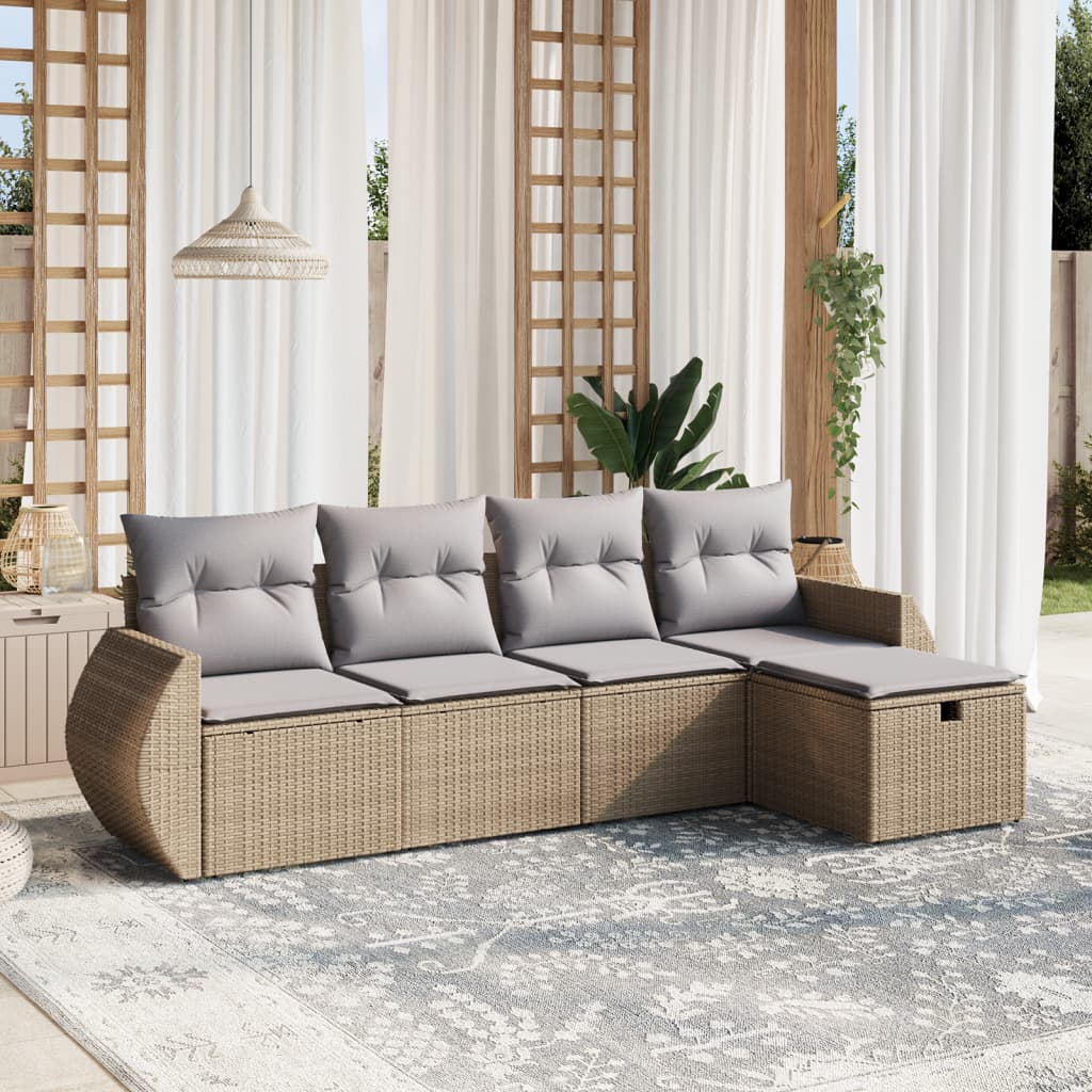 vidaXL 5-tlg. Garten-Sofagarnitur mit Kissen Beige Poly Rattan