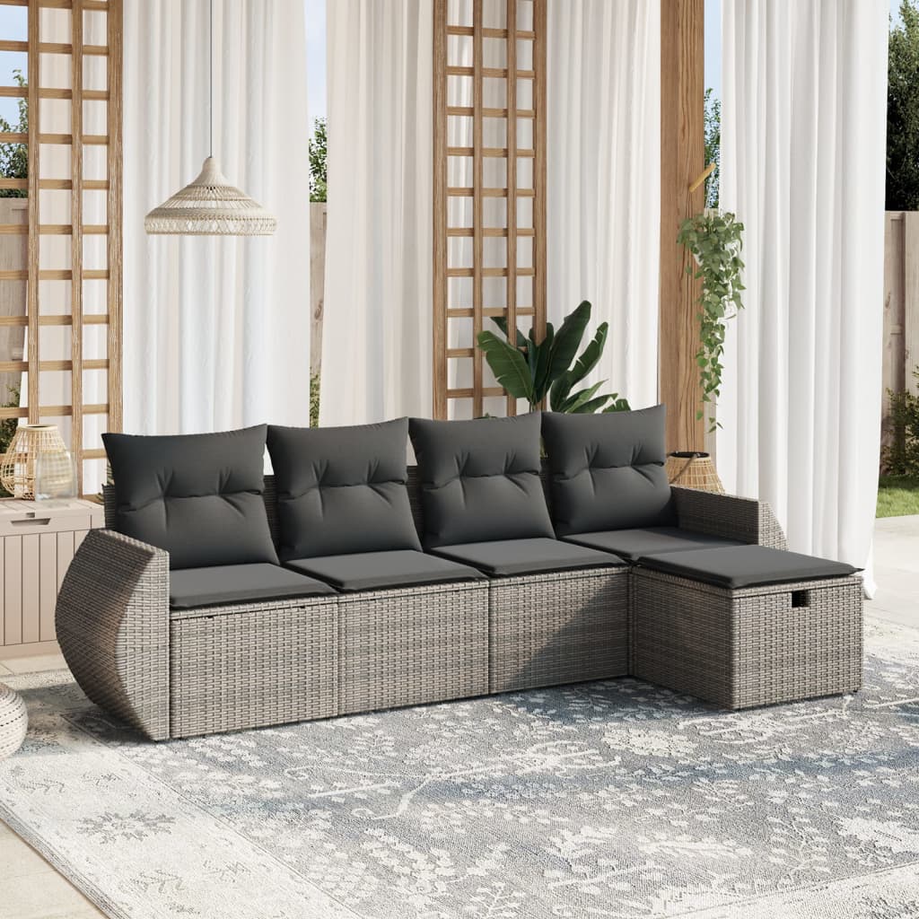 5-tlg. Garten-Sofagarnitur mit Kissen Grau Poly Rattan