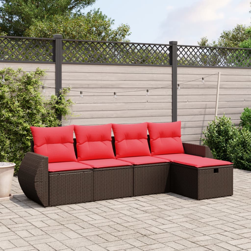 5 Piece Patio Sofa Set with Cushions Brown Poly Rattan