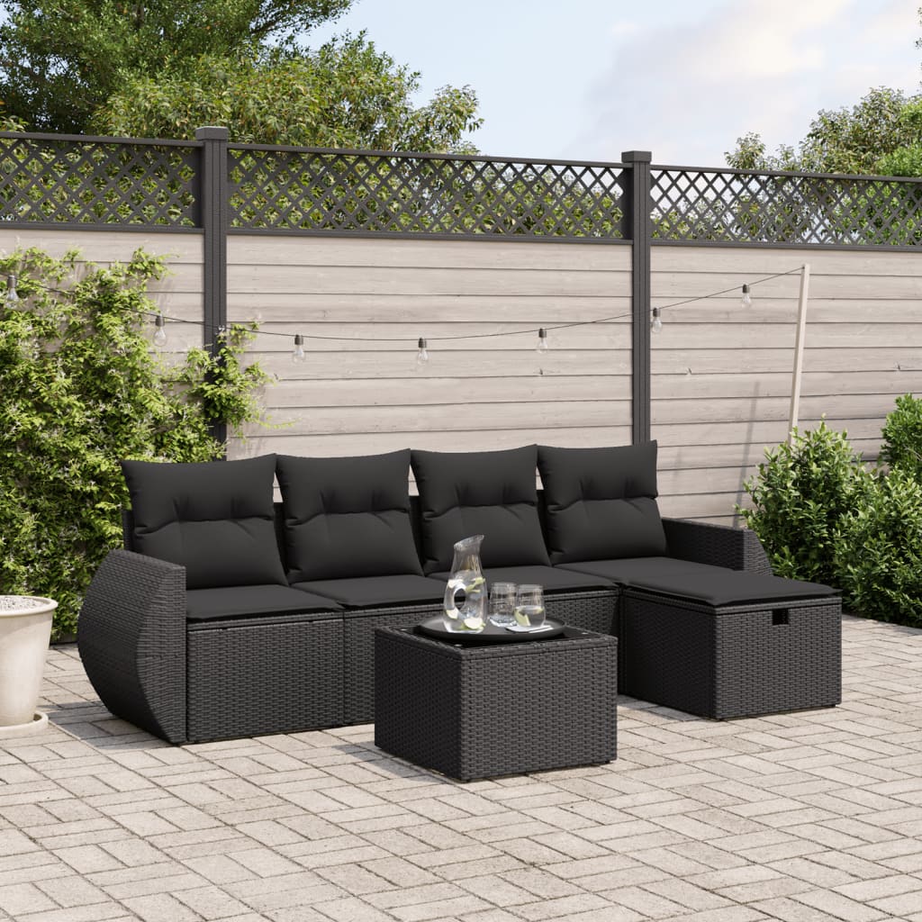 vidaXL 6-tlg. Garten-Sofagarnitur mit Kissen Schwarz Poly Rattan