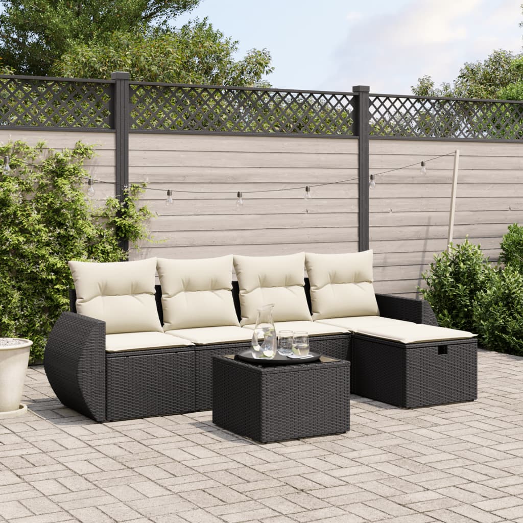 vidaXL 6-tlg. Garten-Sofagarnitur mit Kissen Schwarz Poly Rattan