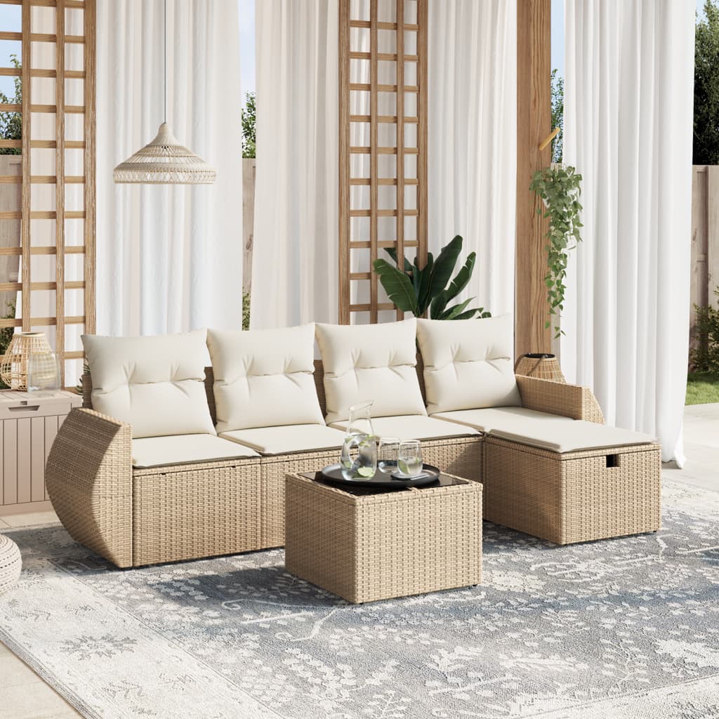 vidaXL 6-tlg. Garten-Sofagarnitur mit Kissen Beige Poly Rattan