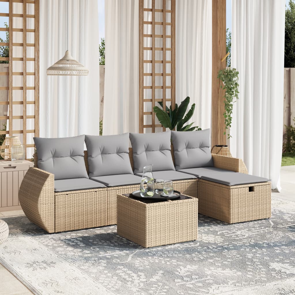 vidaXL 6-tlg. Garten-Sofagarnitur mit Kissen Beige Poly Rattan