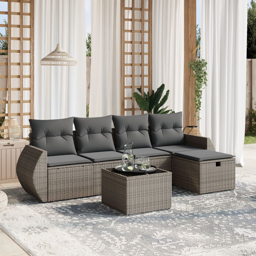 6-tlg. Garten-Sofagarnitur mit Kissen Grau Poly Rattan