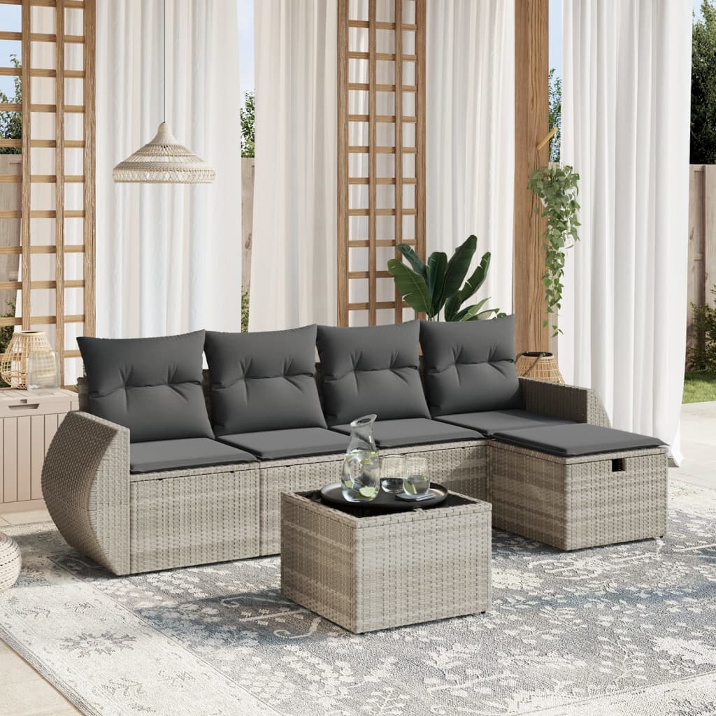 vidaXL 6-tlg. Garten-Sofagarnitur mit Kissen Hellgrau Poly Rattan