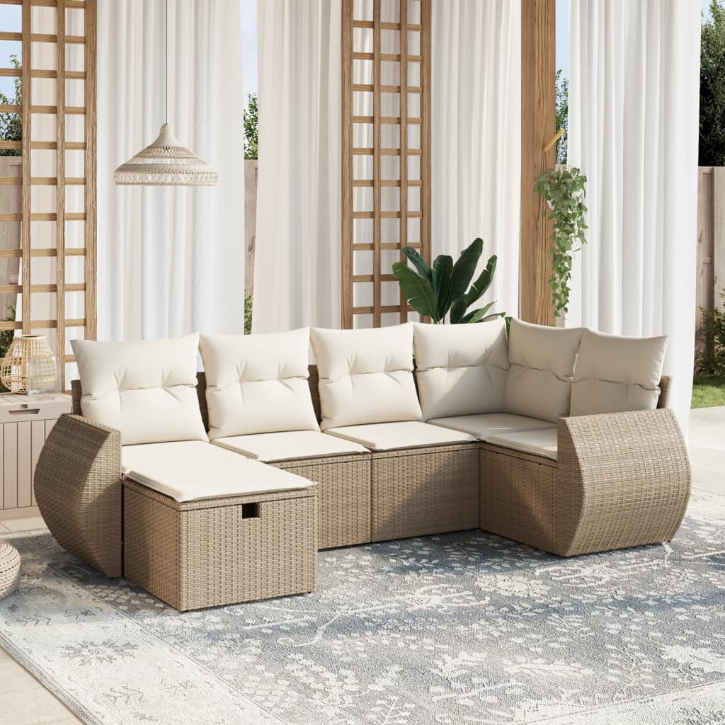 vidaXL 6-tlg. Garten-Sofagarnitur mit Kissen Beige Poly Rattan