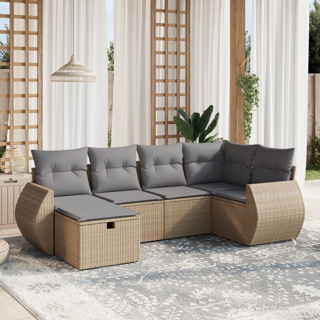 vidaXL 6-tlg. Garten-Sofagarnitur mit Kissen Beige Poly Rattan