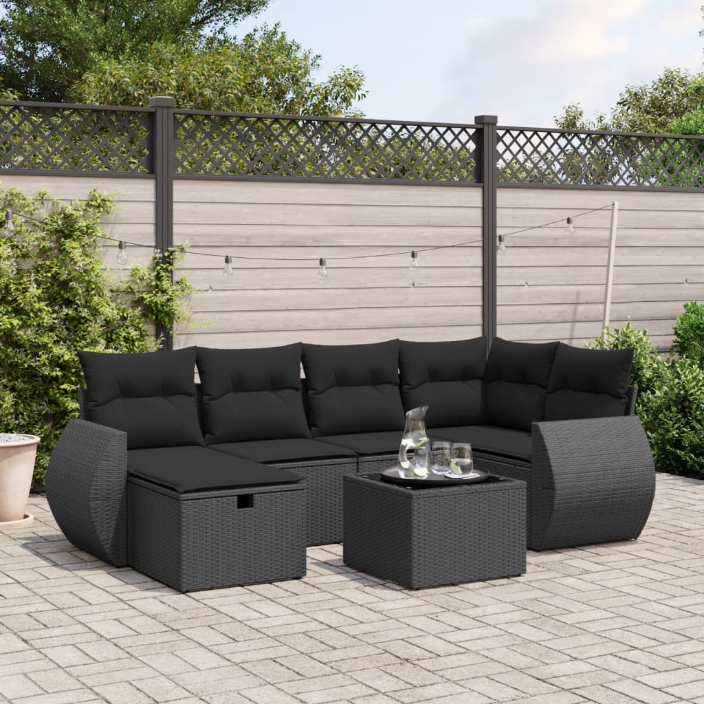 7-tlg. Garten-Sofagarnitur mit Kissen Schwarz Poly Rattan