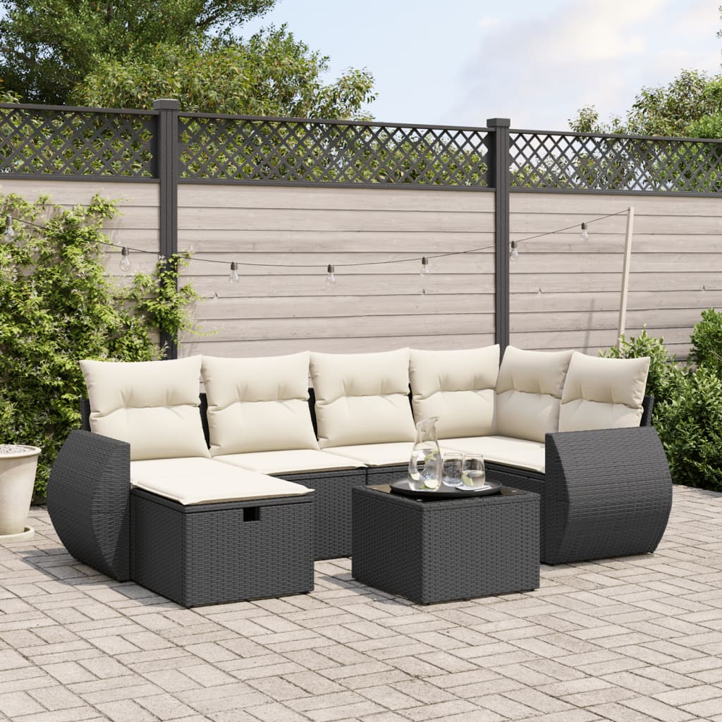 vidaXL 7-tlg. Garten-Sofagarnitur mit Kissen Schwarz Poly Rattan