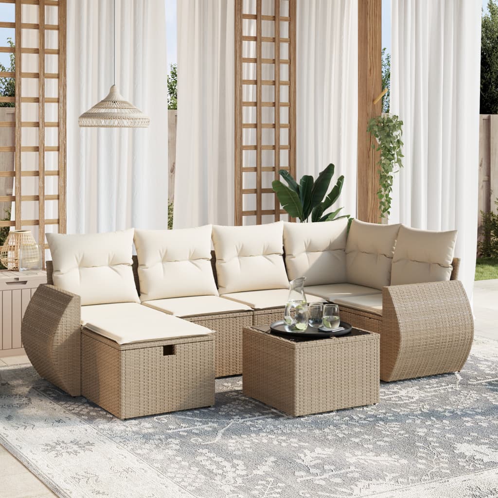 7-tlg. Garten-Sofagarnitur mit Kissen Beige Poly Rattan