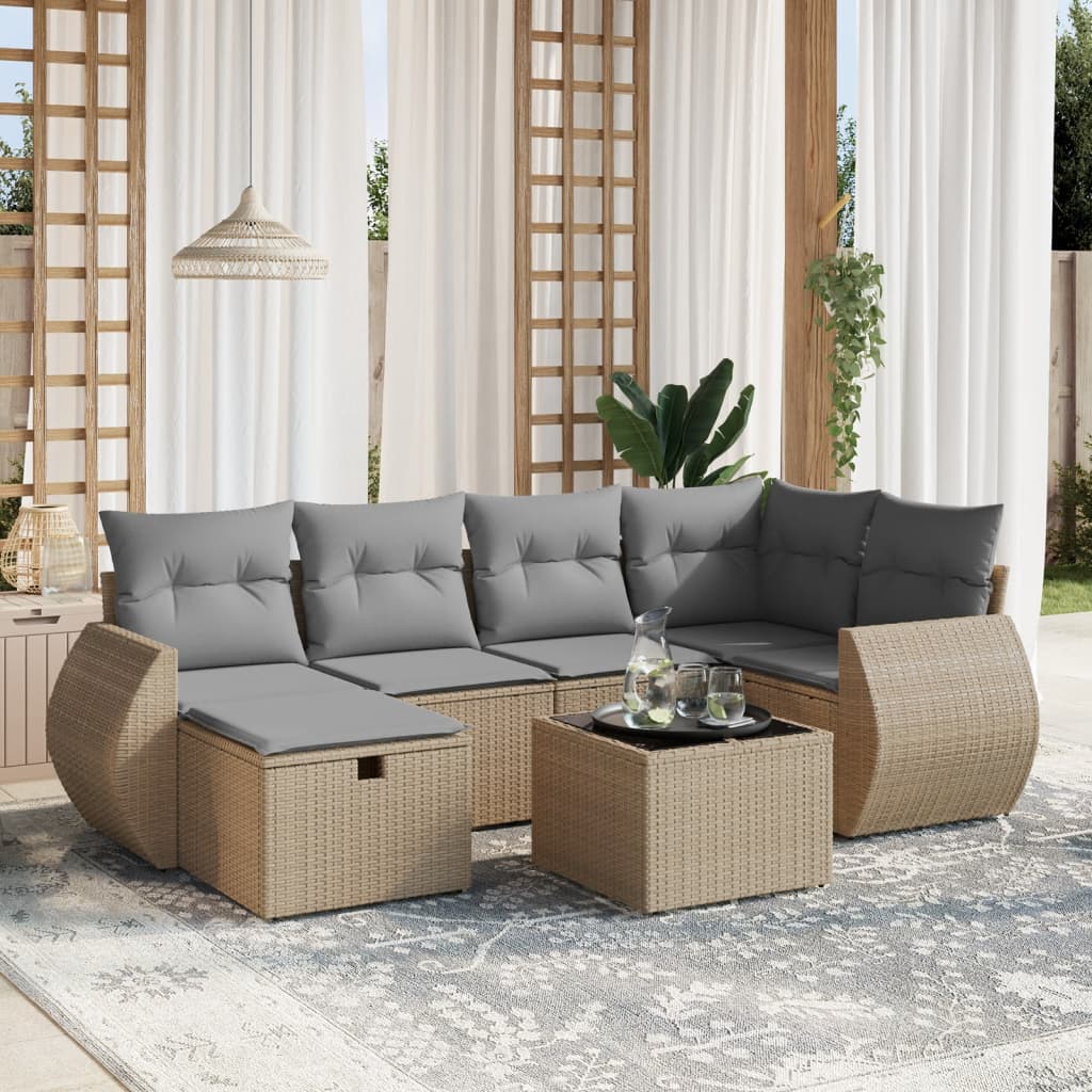 vidaXL 7-tlg. Garten-Sofagarnitur mit Kissen Beige Poly Rattan