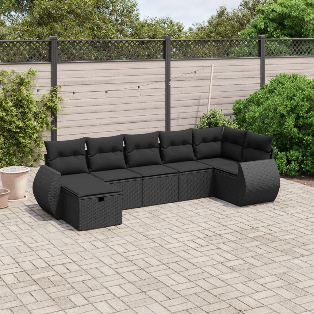 vidaXL 7-tlg. Garten-Sofagarnitur mit Kissen Schwarz Poly Rattan