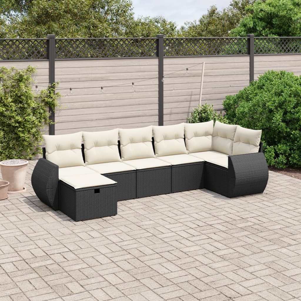 vidaXL 7-tlg. Garten-Sofagarnitur mit Kissen Schwarz Poly Rattan