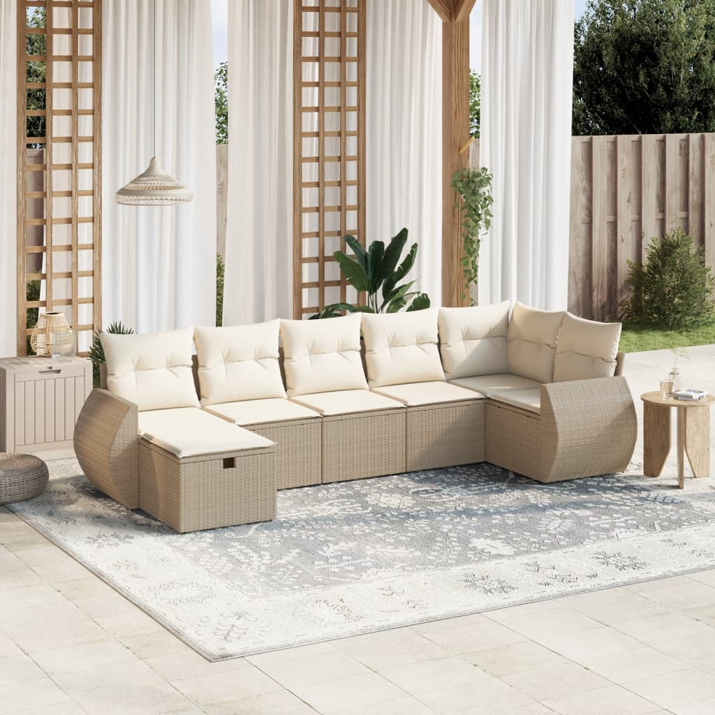 vidaXL 7-tlg. Garten-Sofagarnitur mit Kissen Beige Poly Rattan