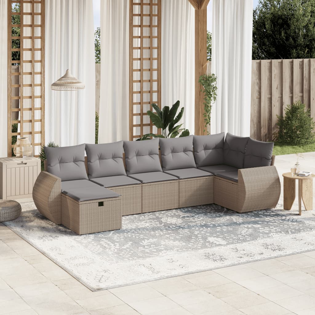 vidaXL 7-tlg. Garten-Sofagarnitur mit Kissen Beige Poly Rattan